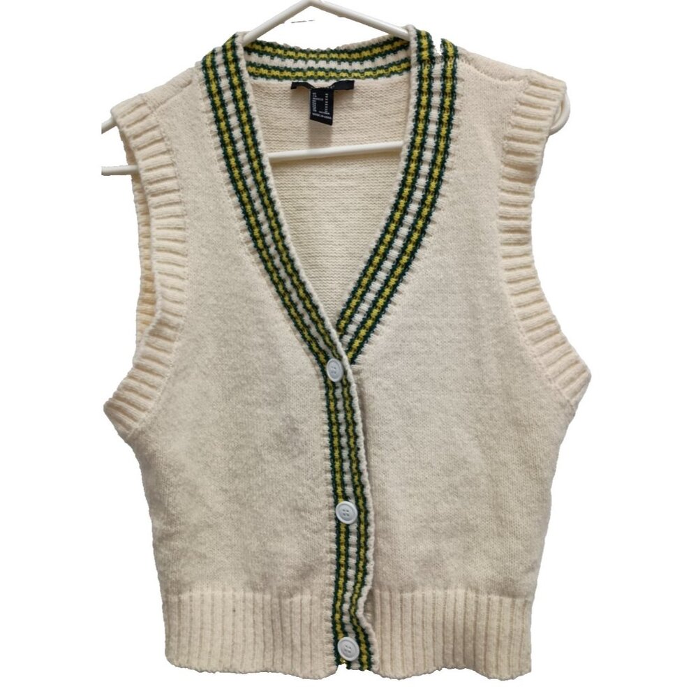 Y2K Forever 21 Womens Sweater Vest Size Medium Beige‎ Preppy Academia V-Neck